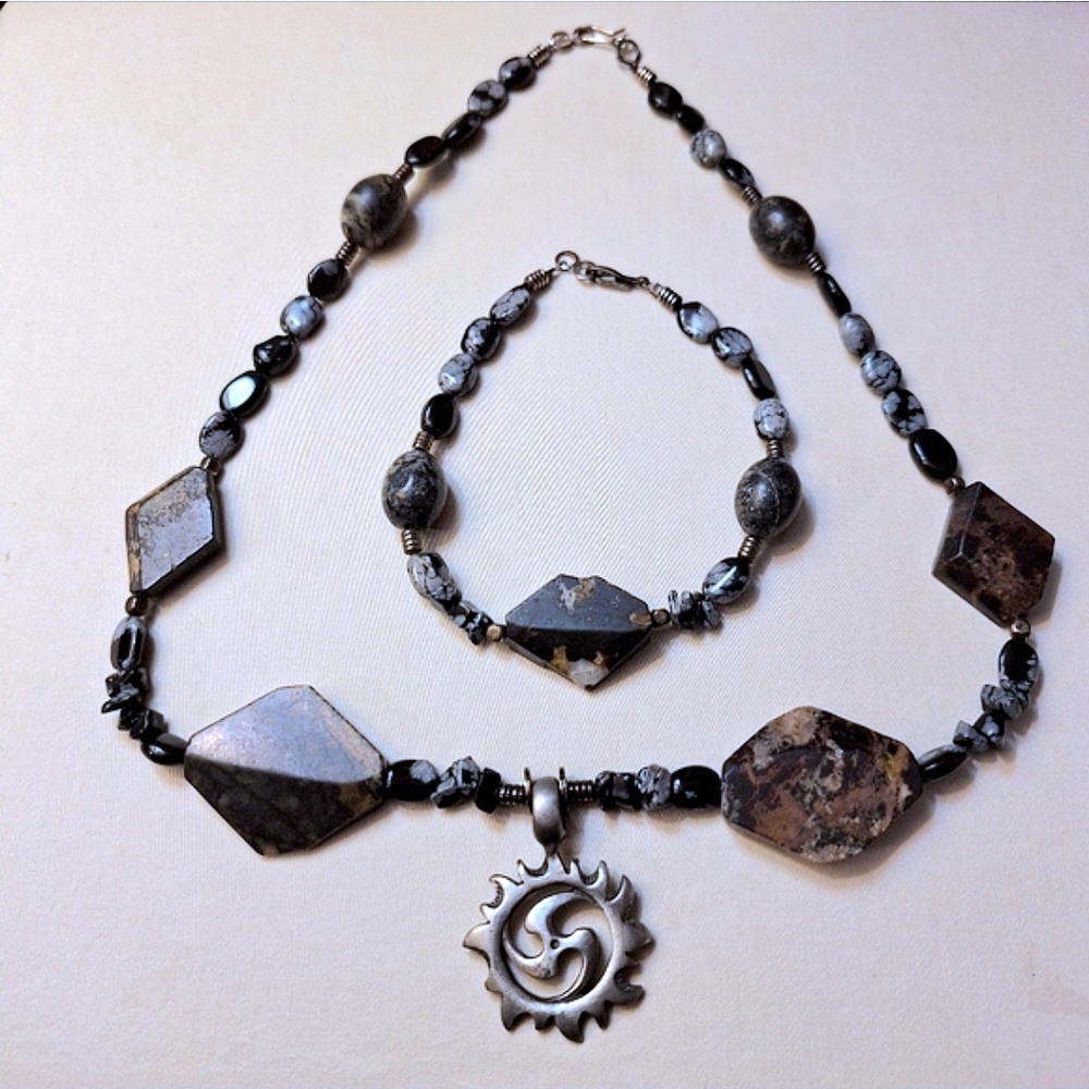 Celtic Spiral Pendant Jasper & Snowflake Obsidian Stones Set: Necklace & Braclet